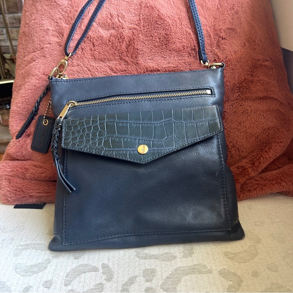 Clarks Navy Leather Crossbody with Croc-Textured Flap, Gold Hardware